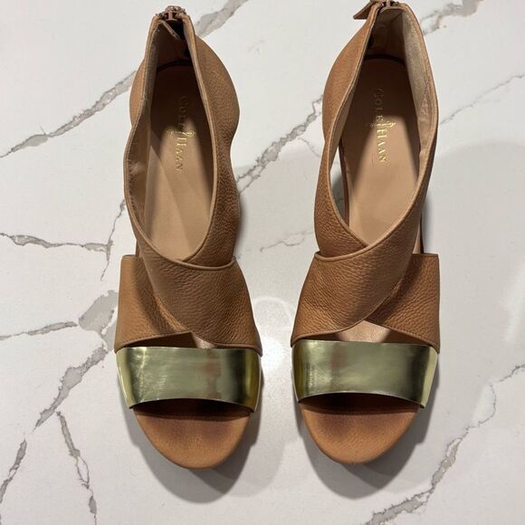 Cole Haan | Women’s Irving Gold Tan Nude Leather Cork Wedge Sandals Size 9B - Picture 2 of 16